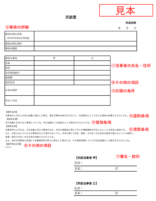 交通事故の示談書のひな形